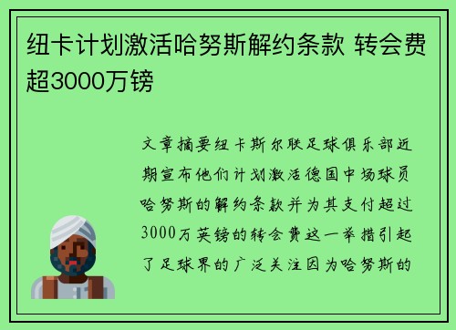 纽卡计划激活哈努斯解约条款 转会费超3000万镑 纽卡计划激活哈努斯解约条款 转会费超3000万镑