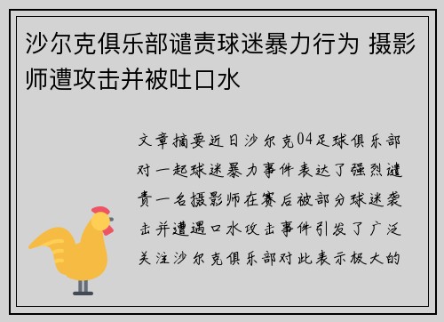 沙尔克俱乐部谴责球迷暴力行为 摄影师遭攻击并被吐口水 沙尔克俱乐部谴责球迷暴力行为 摄影师遭攻击并被吐口水